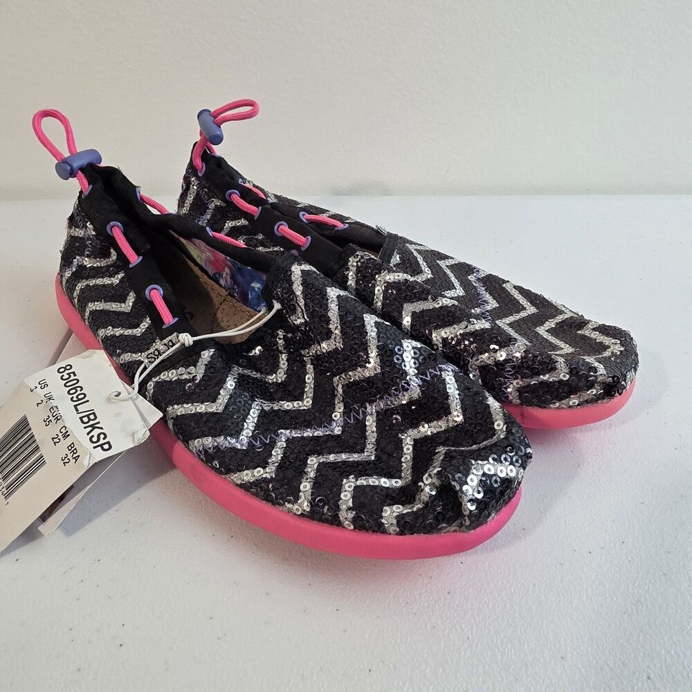 Skechers Girls 3Y Memory Foam Slip On LIL' BOBS Shoes Black White Pink Sparkle